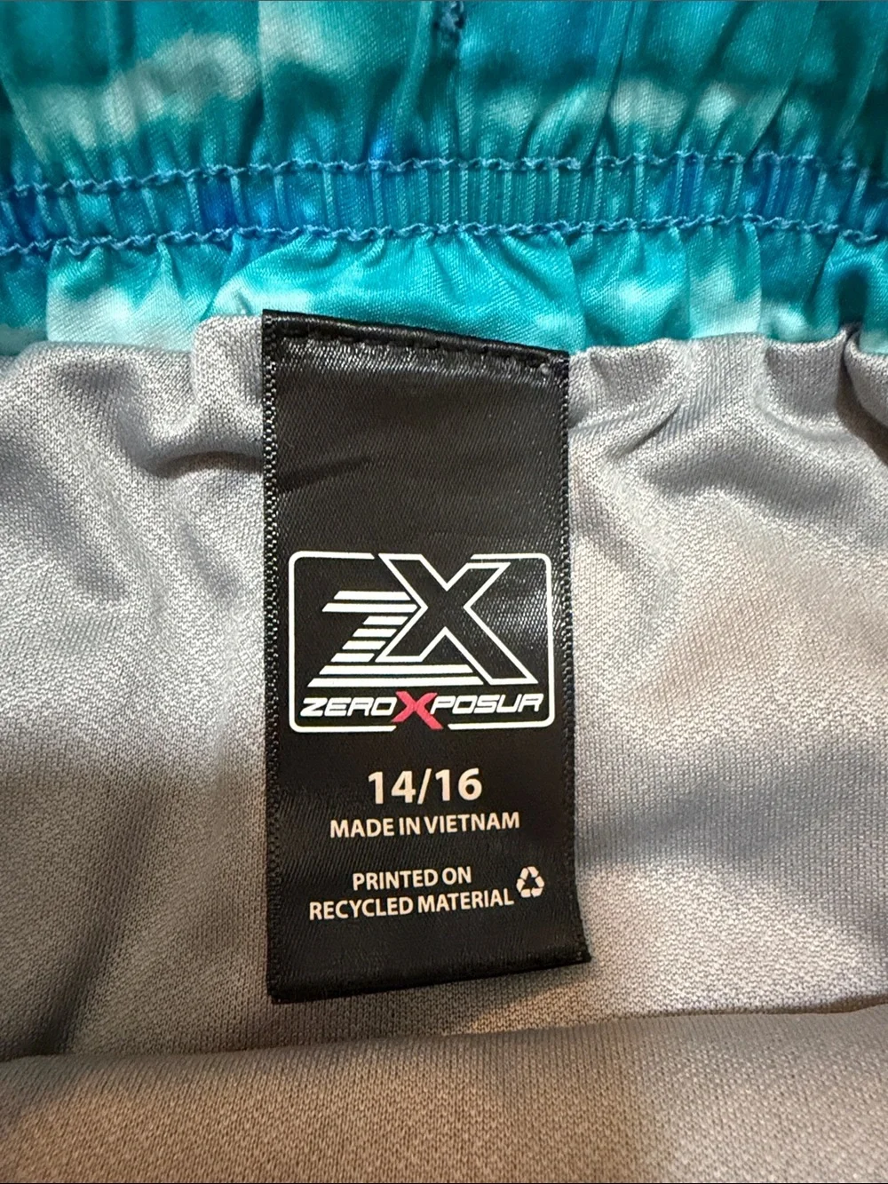 ZeroXposur Blue Tropical Shark Swim Trunks with Orange Drawstring 14/16